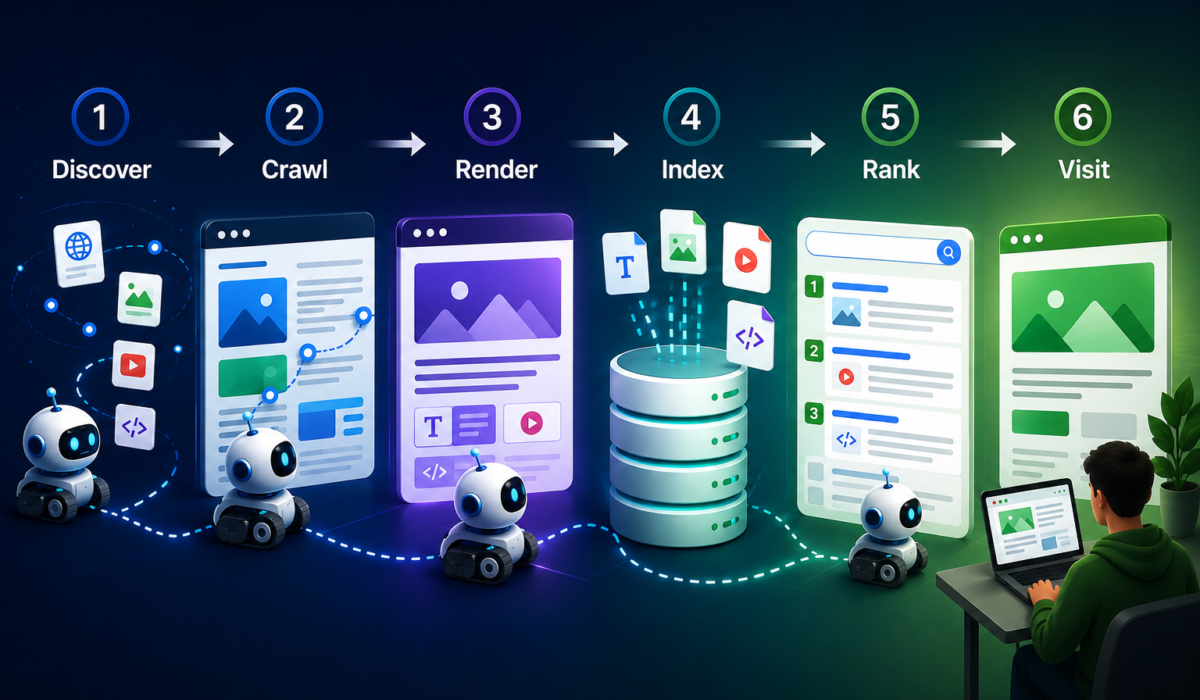 How search engines discover, crawl, render, index, rank, and serve web pages to users