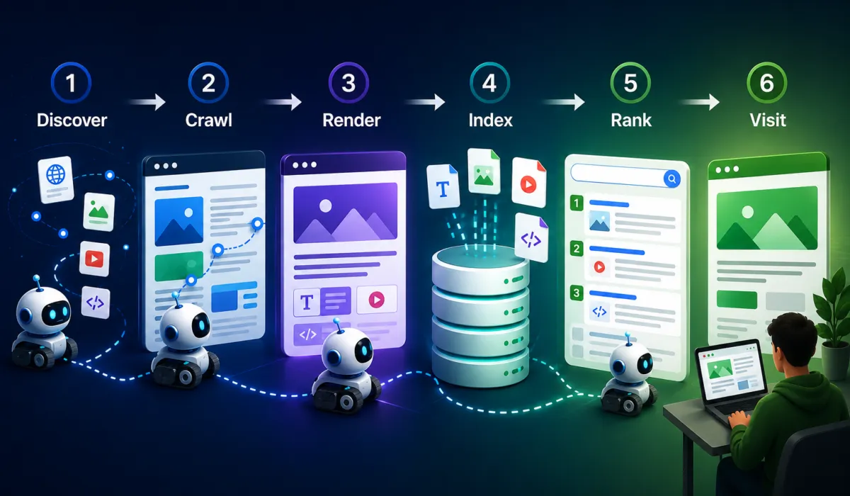 How search engines discover, crawl, render, index, rank, and serve web pages to users