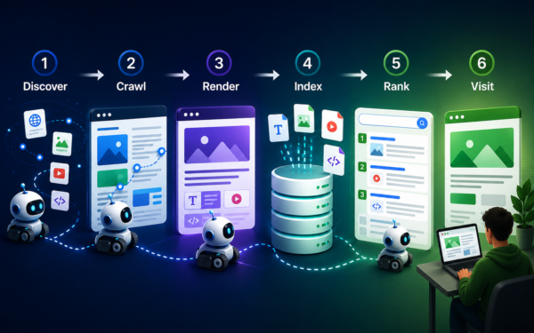 How search engines discover, crawl, render, index, rank, and serve web pages to users