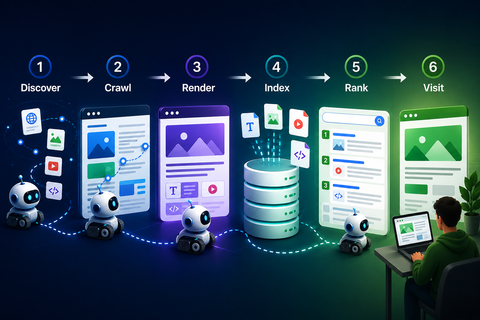 How search engines discover, crawl, render, index, rank, and serve web pages to users