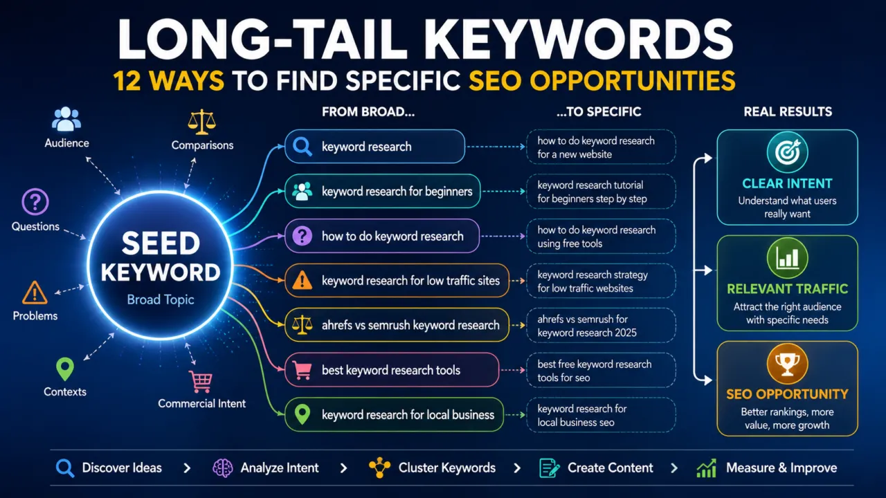 Long-tail keywords framework showing seed topics expanding into specific questions, audiences, problems, search intent and SEO opportunities