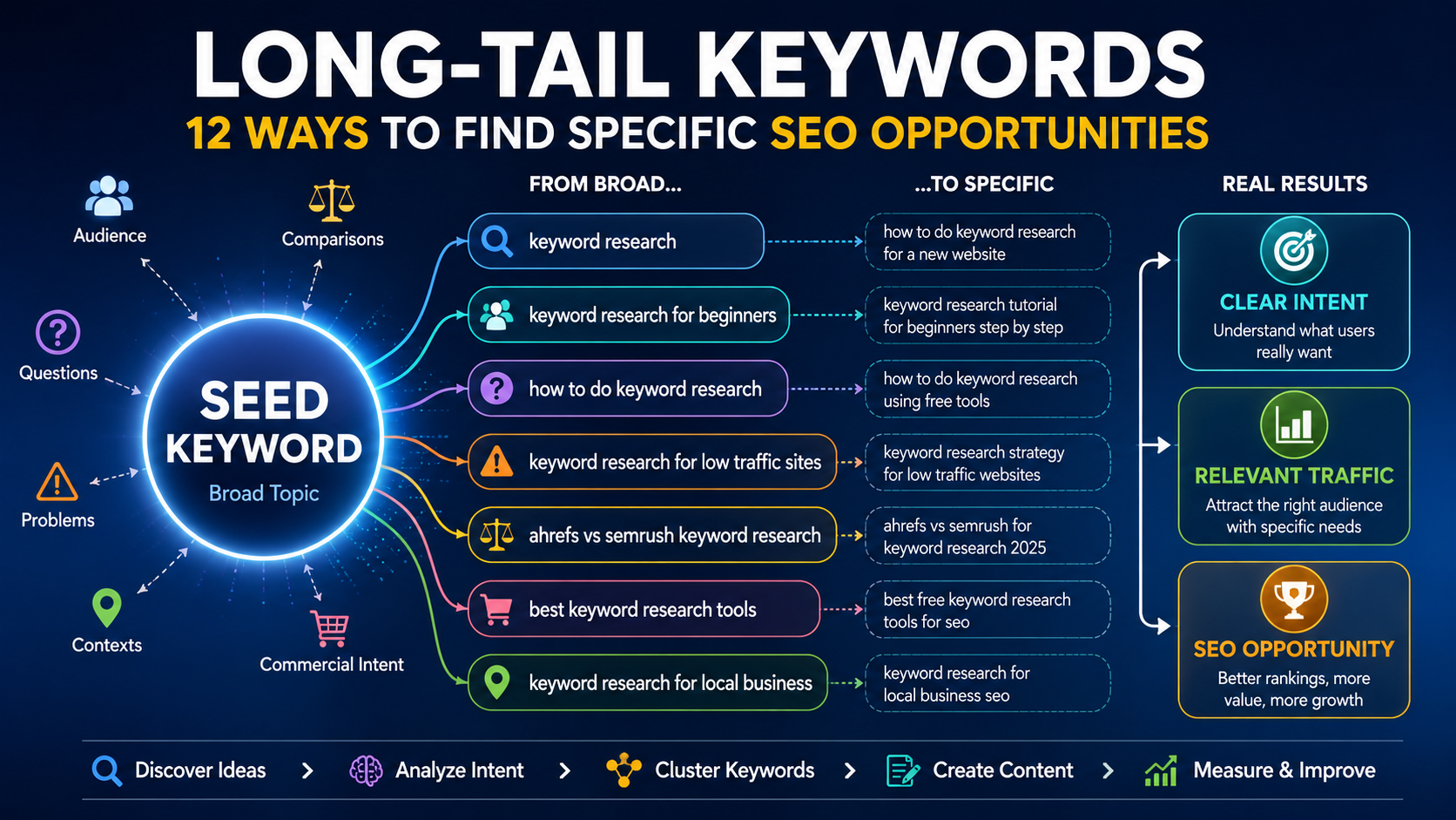 Long-tail keywords framework showing seed topics expanding into specific questions, audiences, problems, search intent and SEO opportunities