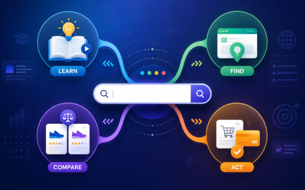 Search intent types showing learn, find, compare, and act around a search bar