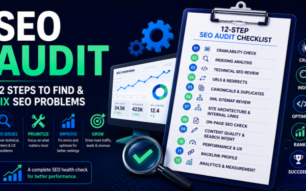 SEO audit 12-step checklist covering crawling, indexing, technical SEO, content, internal links, backlinks, performance, and measurement