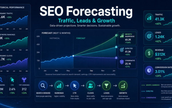 SEO forecasting model estimating organic traffic, rankings, leads and growth using search demand, CTR, conversion rates and scenarios