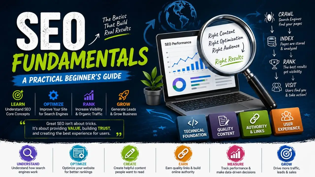 Learn SEO fundamentals, including crawling, indexing, keyword research, content, technical SEO, and backlinks, to build a stronger website