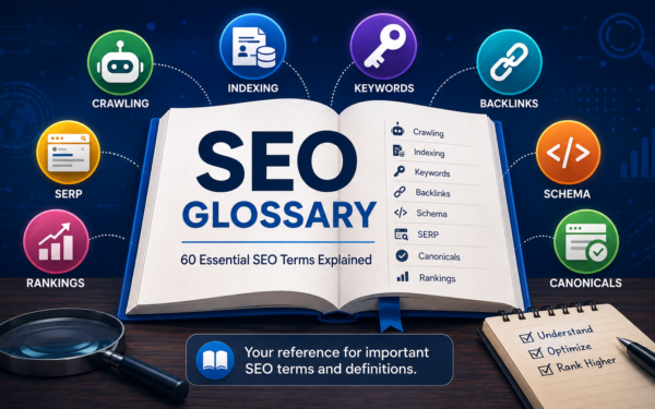 SEO glossary showing essential SEO terms including crawling, indexing, keywords, backlinks, schema, canonicals, SERP, and rankings