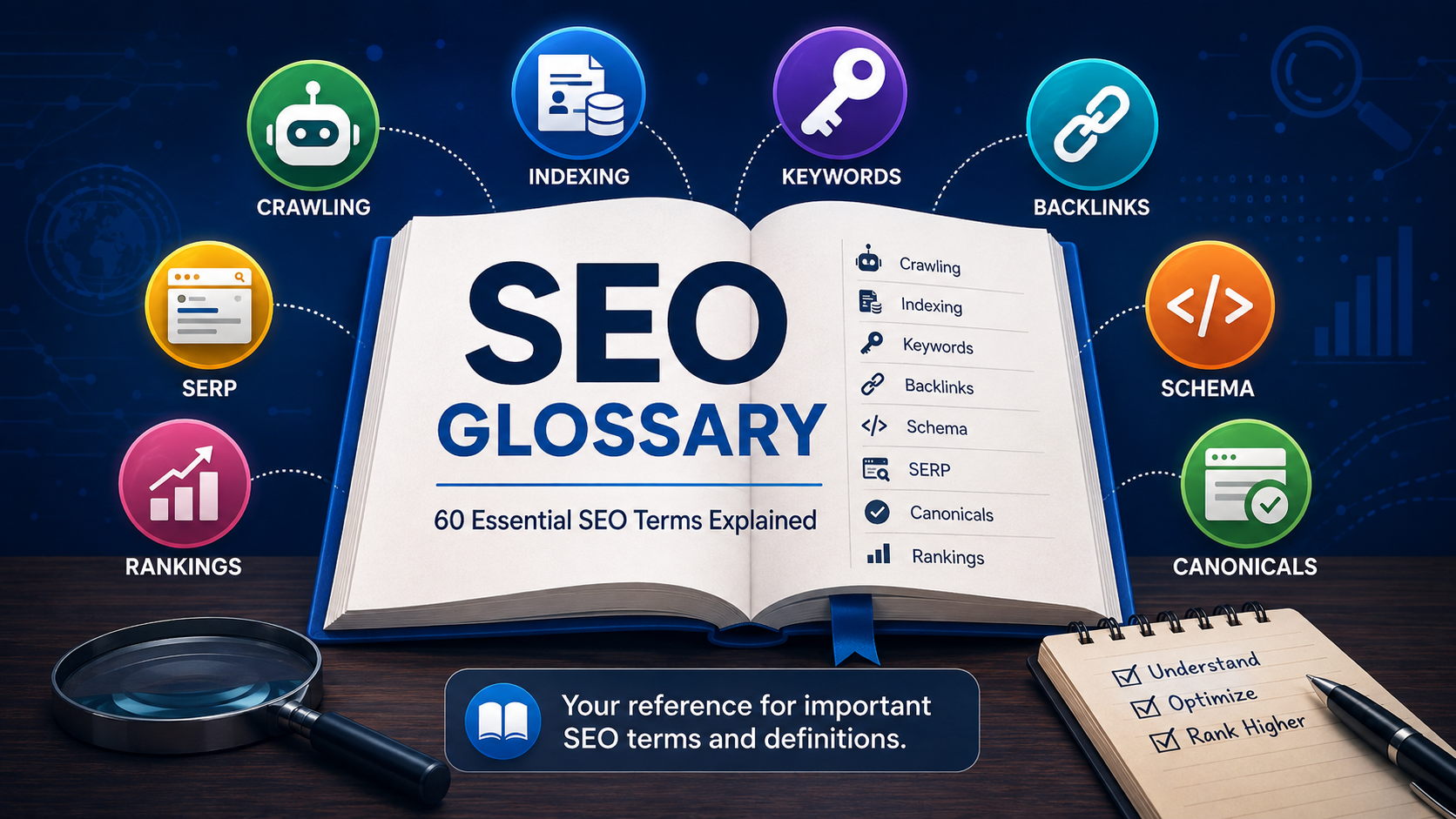SEO glossary showing essential SEO terms including crawling, indexing, keywords, backlinks, schema, canonicals, SERP, and rankings