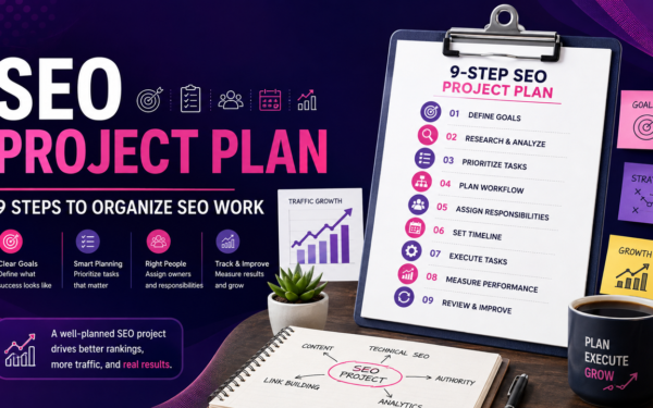 SEO project plan showing nine steps to organize SEO goals, research, priorities, responsibilities, timelines, execution, measurement, and improvement