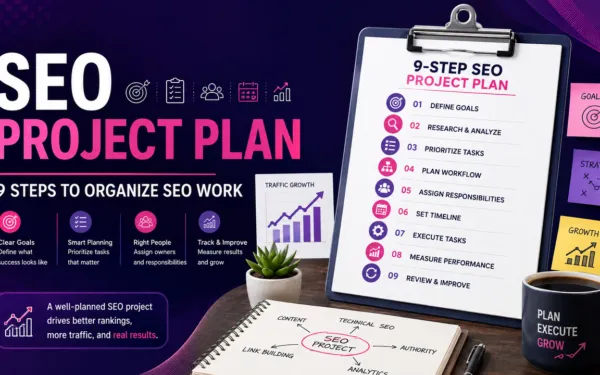 SEO project plan showing nine steps to organize SEO goals, research, priorities, responsibilities, timelines, execution, measurement, and improvement