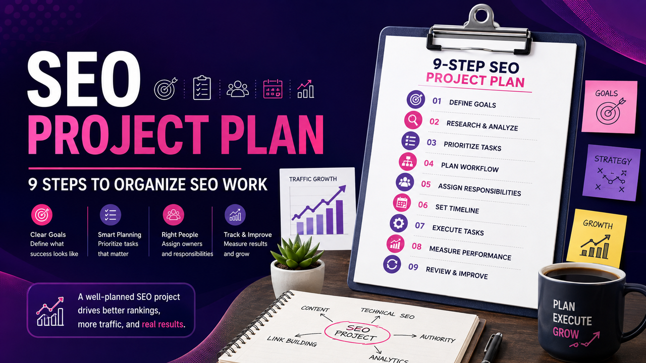 SEO project plan showing nine steps to organize SEO goals, research, priorities, responsibilities, timelines, execution, measurement, and improvement