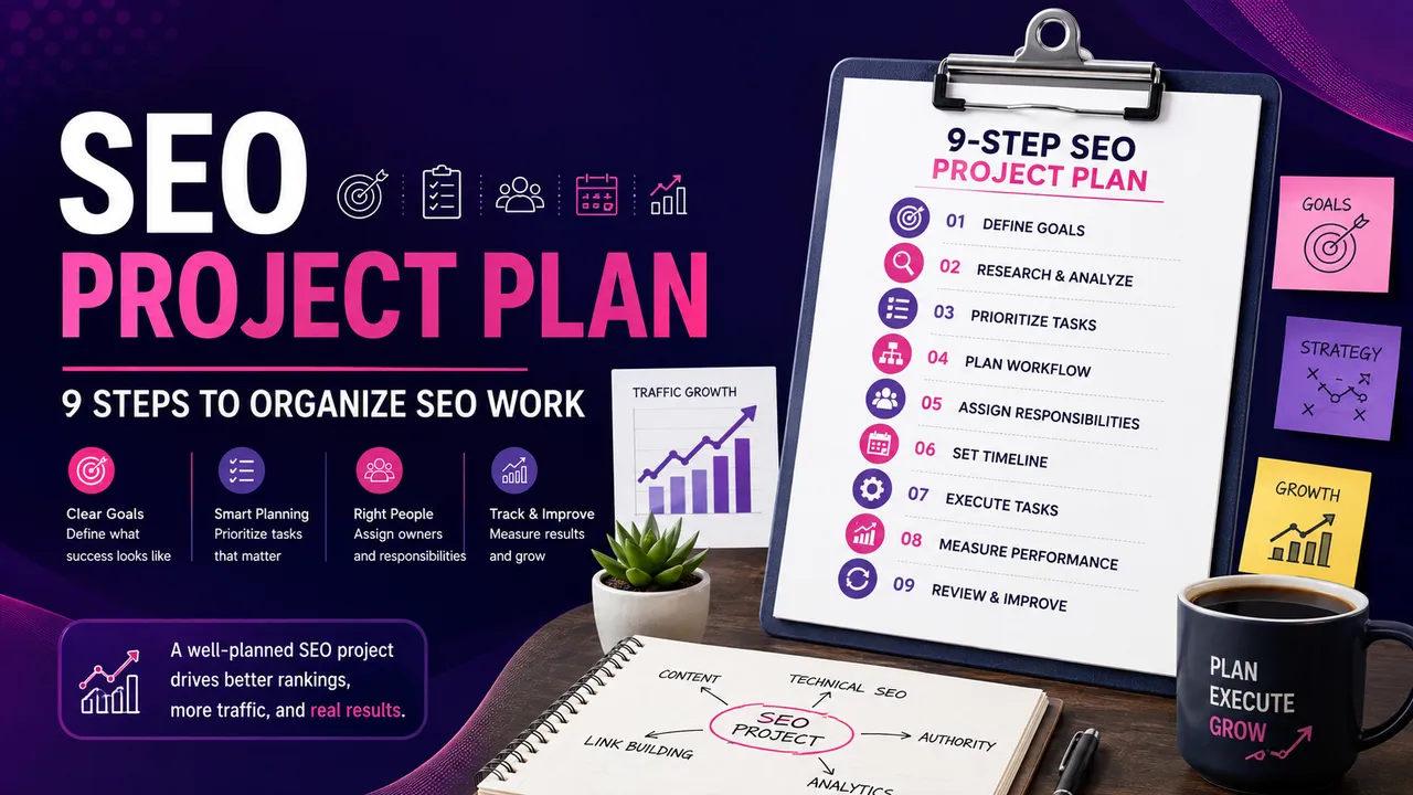 SEO project plan showing nine steps to organize SEO goals, research, priorities, responsibilities, timelines, execution, measurement, and improvement