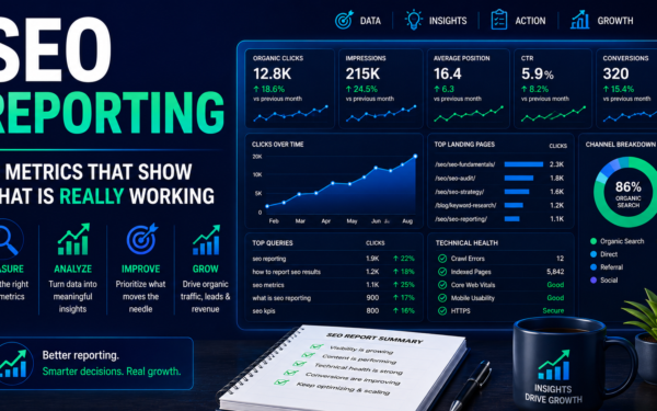 SEO reporting dashboard showing organic clicks, impressions, rankings, conversions, landing pages, technical health, and SEO performance metrics