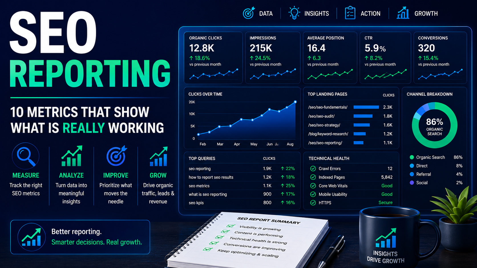 SEO reporting dashboard showing organic clicks, impressions, rankings, conversions, landing pages, technical health, and SEO performance metrics