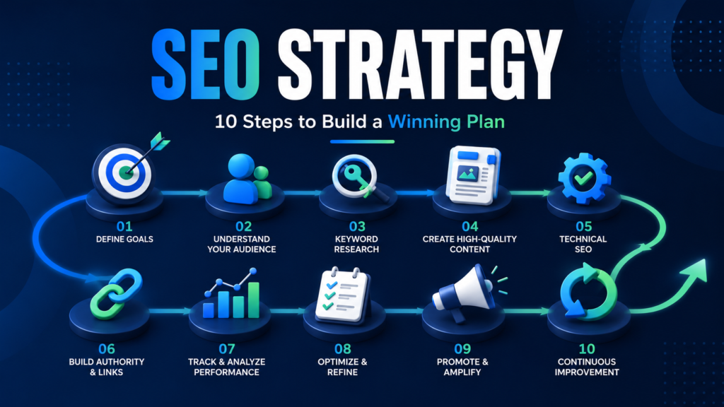 SEO strategy 10-step growth plan covering goals, audience, keywords, content, technical SEO, authority, measurement, and improvement