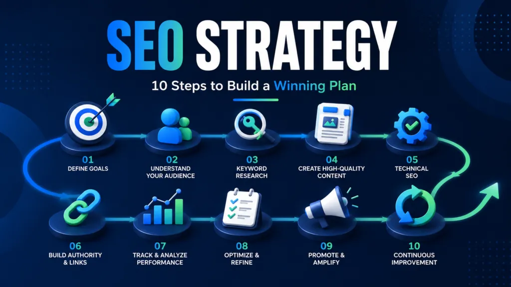 SEO strategy 10-step growth plan covering goals, audience, keywords, content, technical SEO, authority, measurement, and improvement