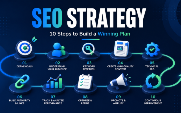 SEO strategy 10-step growth plan covering goals, audience, keywords, content, technical SEO, authority, measurement, and improvement