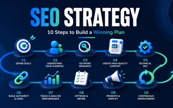 SEO strategy 10-step growth plan covering goals, audience, keywords, content, technical SEO, authority, measurement, and improvement