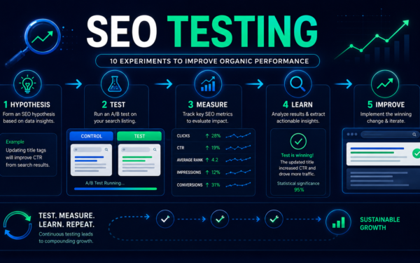 SEO testing framework showing experiments for titles, content, internal linking, technical SEO, CTR, rankings, traffic and conversions