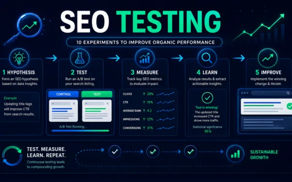 SEO testing framework showing experiments for titles, content, internal linking, technical SEO, CTR, rankings, traffic and conversions