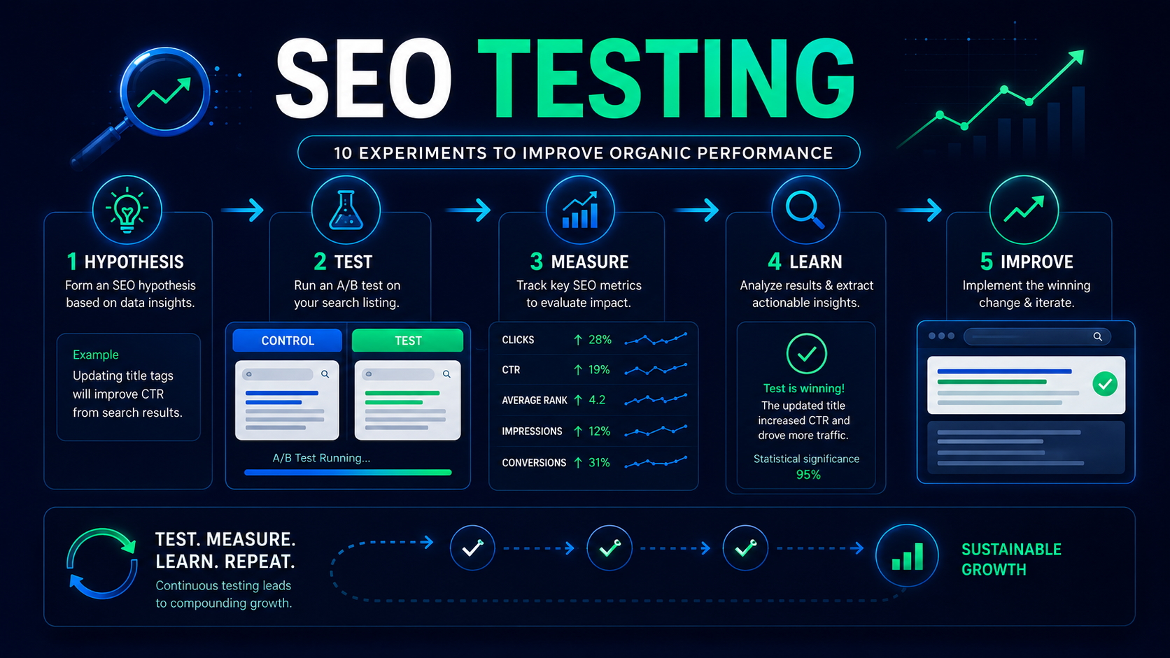 SEO testing framework showing experiments for titles, content, internal linking, technical SEO, CTR, rankings, traffic and conversions