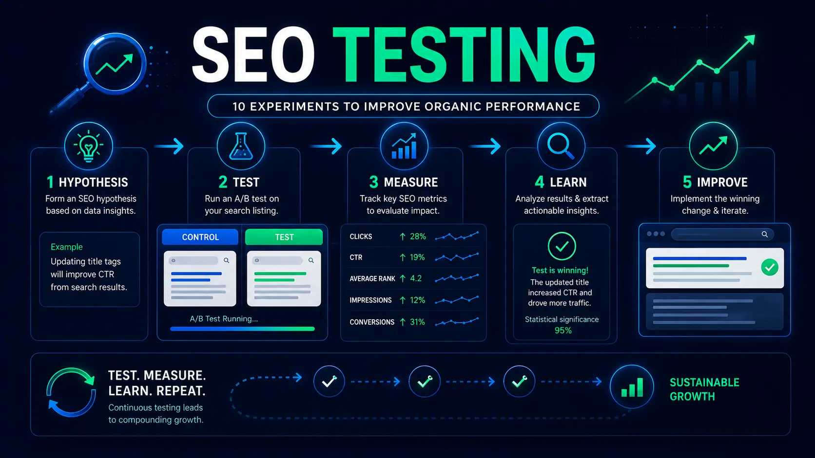 SEO testing framework showing experiments for titles, content, internal linking, technical SEO, CTR, rankings, traffic and conversions
