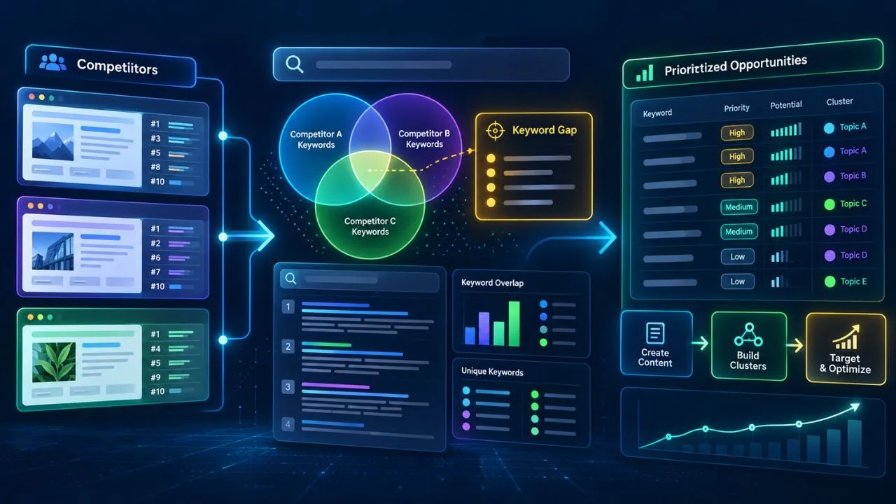 Competitor keyword research framework comparing competitor rankings, keyword gaps, search intent, difficulty and SEO opportunities
