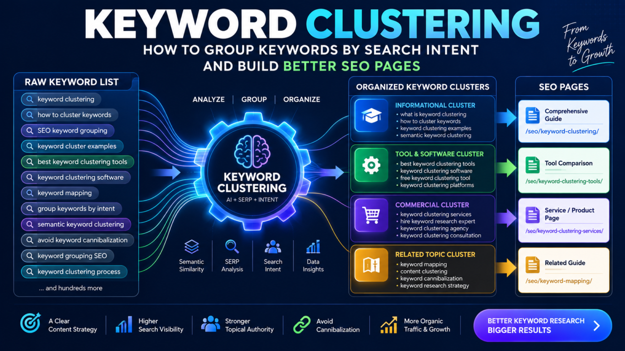 Keyword clustering framework showing SEO keywords grouped by search intent, semantic similarity and SERP overlap into organized content clusters