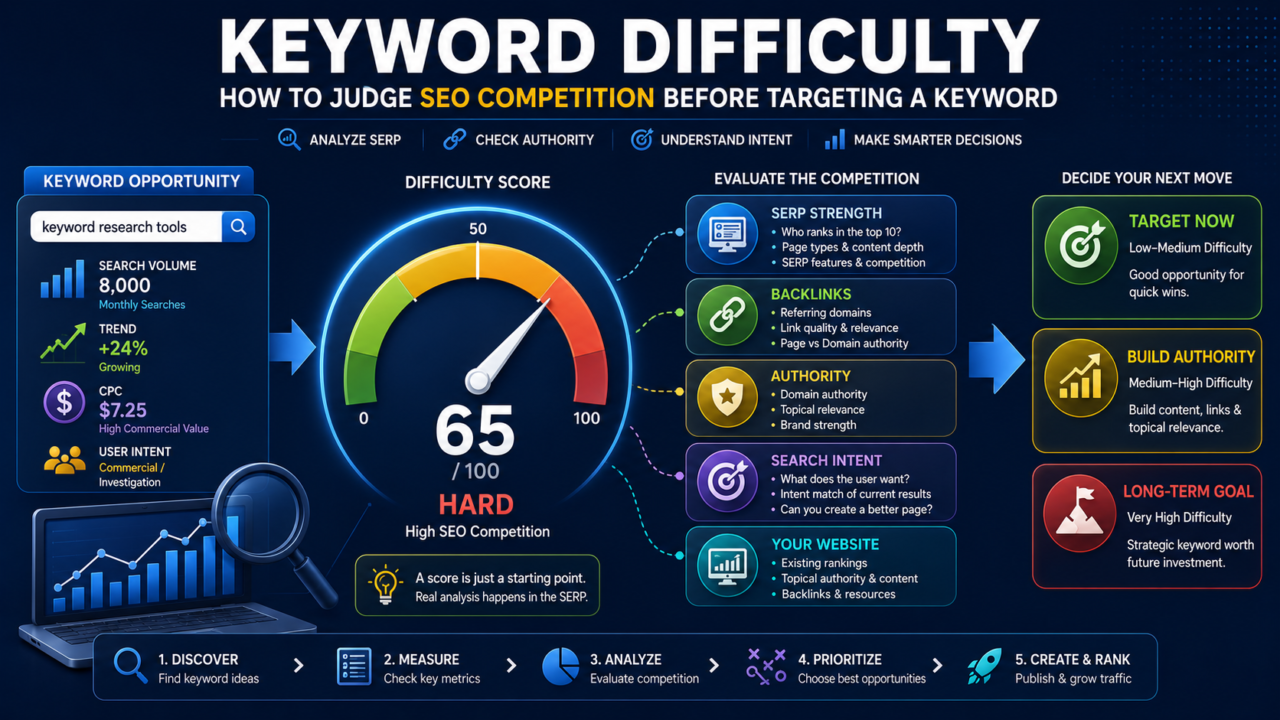 Keyword difficulty framework showing SEO competition, SERP strength, backlinks, authority, search intent and business value
