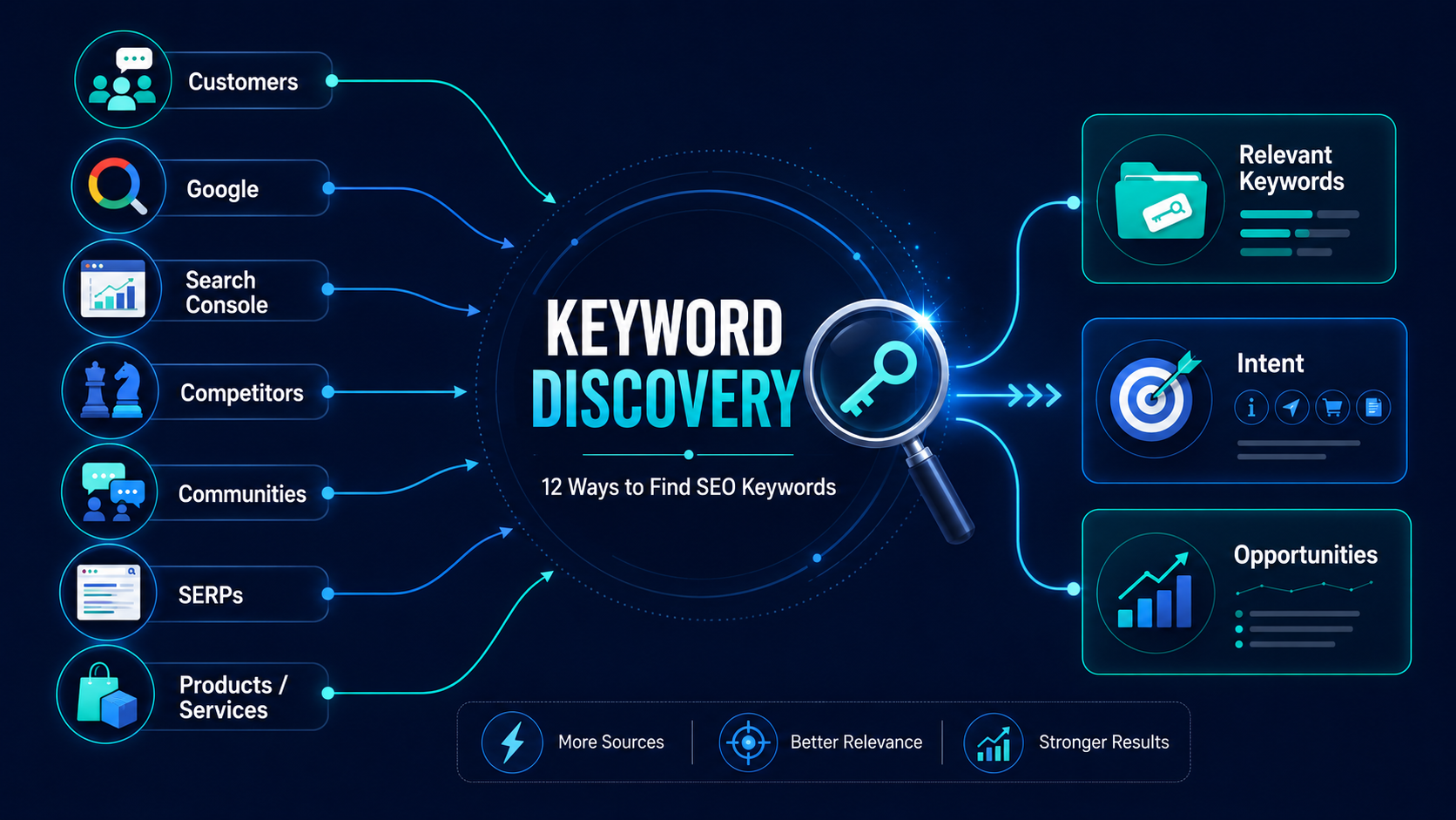 Keyword discovery framework showing ways to find SEO keywords from customers, search results, Search Console, competitors, communities and search intent