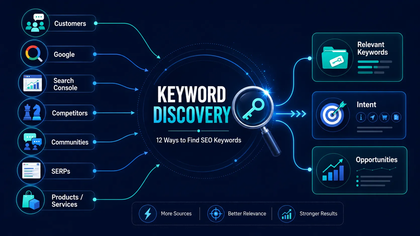 Keyword discovery framework showing ways to find SEO keywords from customers, search results, Search Console, competitors, communities and search intent