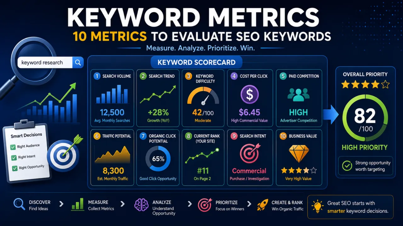 Keyword metrics dashboard showing search volume, trends, keyword difficulty, CPC, traffic potential, rankings, intent and business value