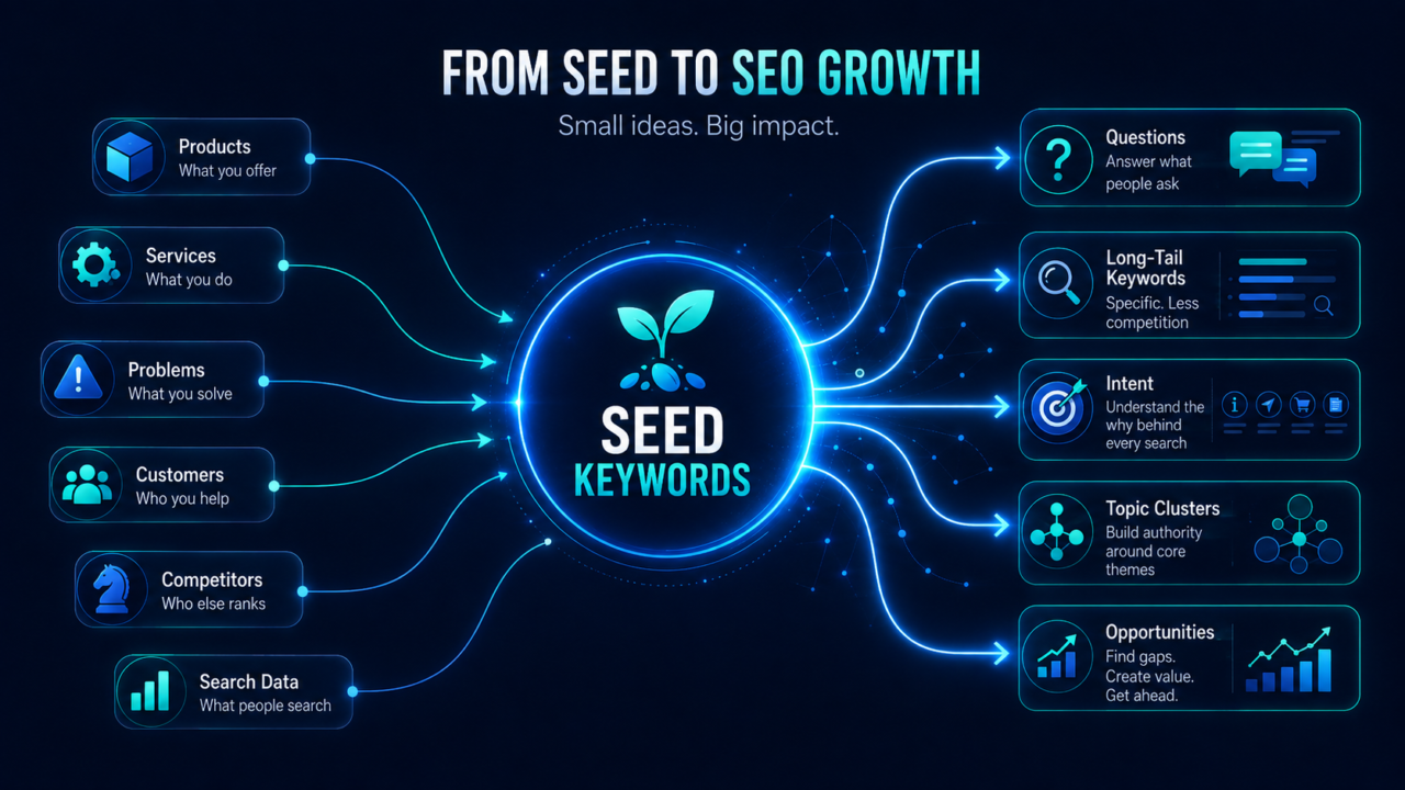 Seed keywords framework showing products, services, customer problems, competitors, Search Console and audiences expanding into SEO keyword ideas