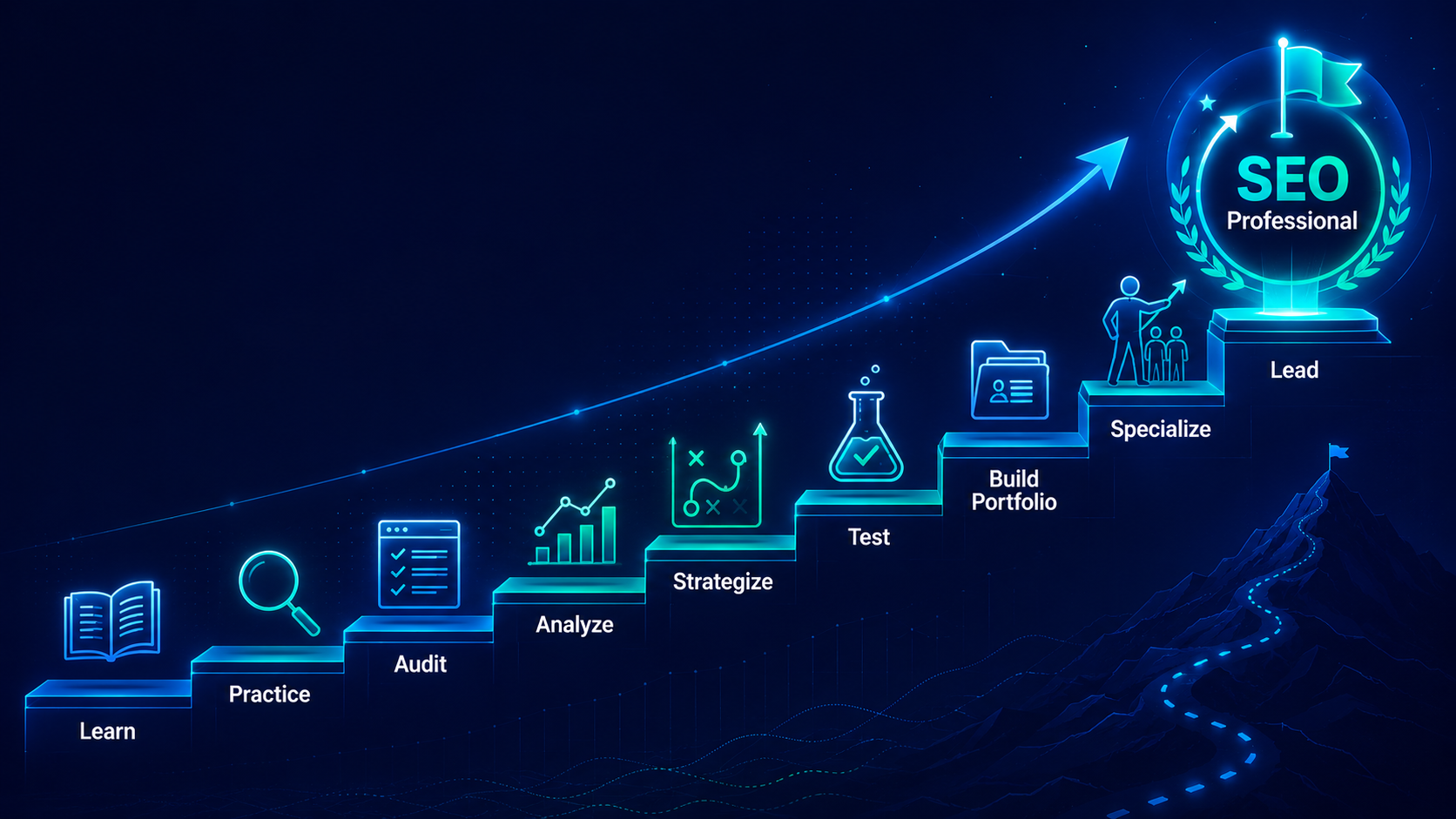 SEO career roadmap showing twelve steps to build SEO skills, practical experience, technical knowledge, analytics, strategy and professional growth