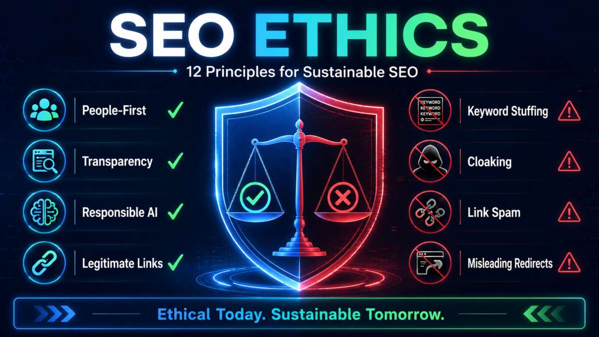 SEO ethics framework showing twelve principles for ethical SEO, transparency, useful content, responsible AI, legitimate links and sustainable growth