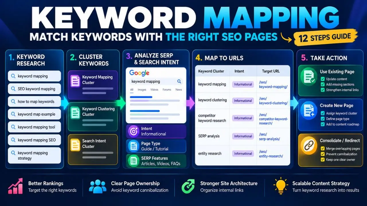 Keyword mapping framework showing keyword clusters matched to search intent, page types and specific SEO URLs