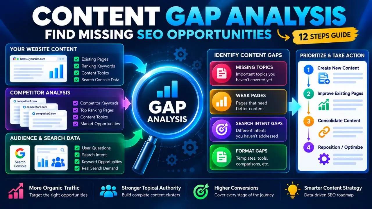Content gap analysis framework comparing existing content, competitor topics, search intent and missing SEO opportunities