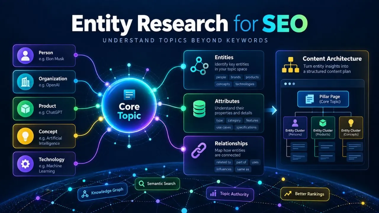 Entity research for SEO framework showing a core topic connected to entities, attributes, relationships and related content opportunities