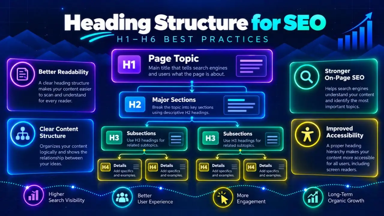 Heading structure SEO framework showing H1, H2, H3 and H4 hierarchy for organizing web page content