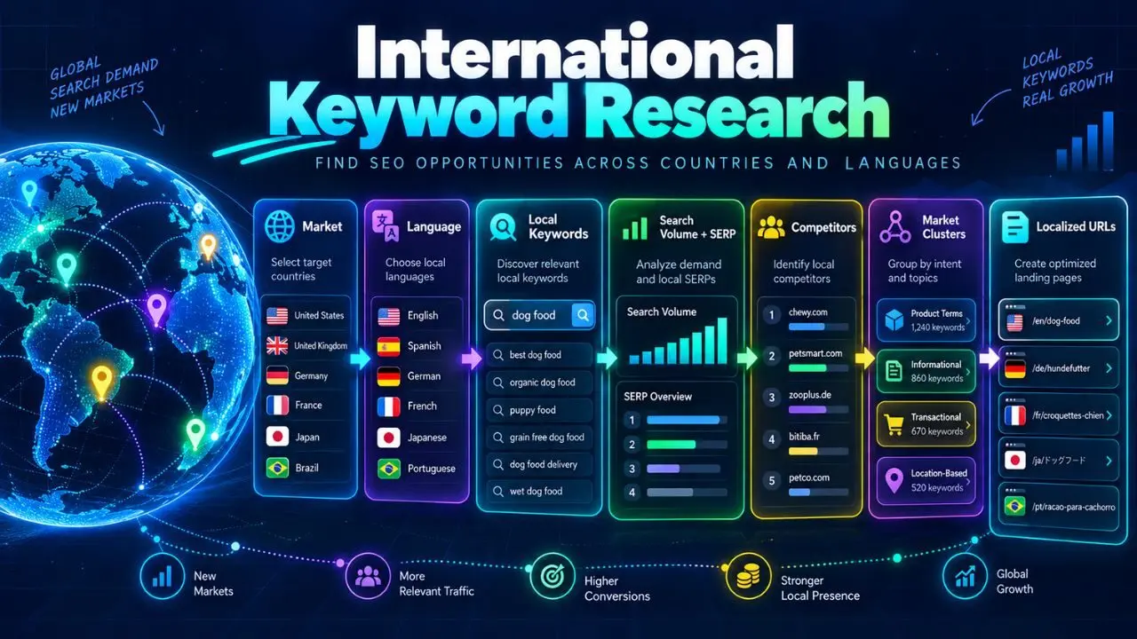 International keyword research framework showing countries, languages, local search demand, SERP intent and global SEO keyword opportunities