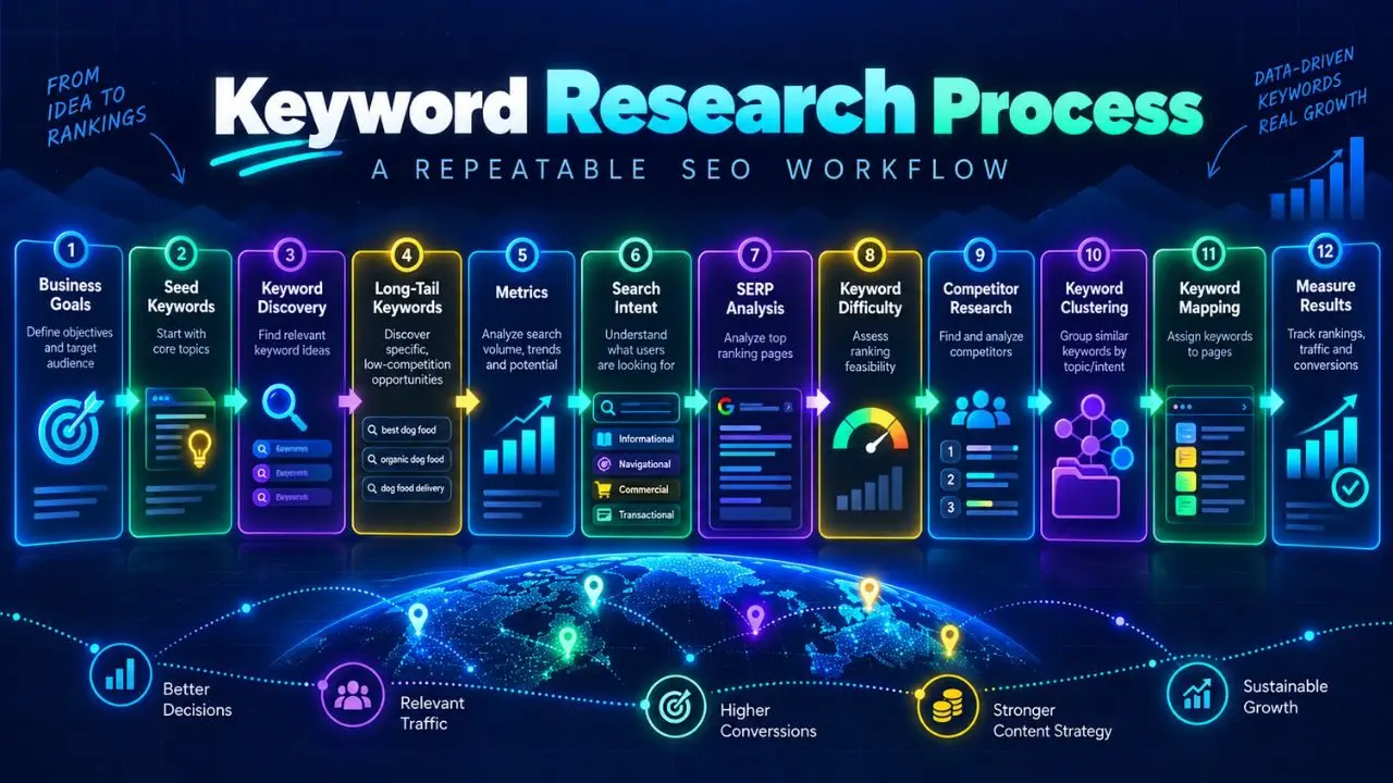 Keyword research process showing seed keywords, discovery, metrics, search intent, SERP analysis, clustering, mapping and SEO measurement