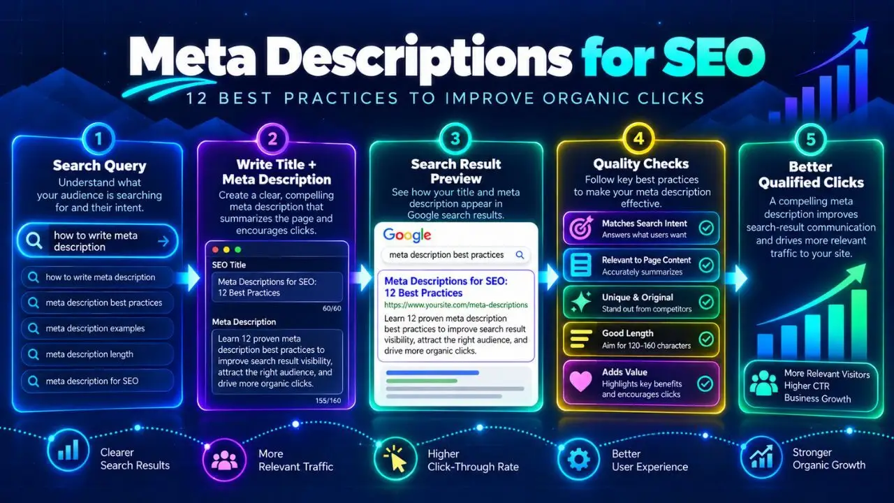 Meta descriptions SEO framework showing search intent, snippet writing, character guidance, Google rewrites and organic click optimization
