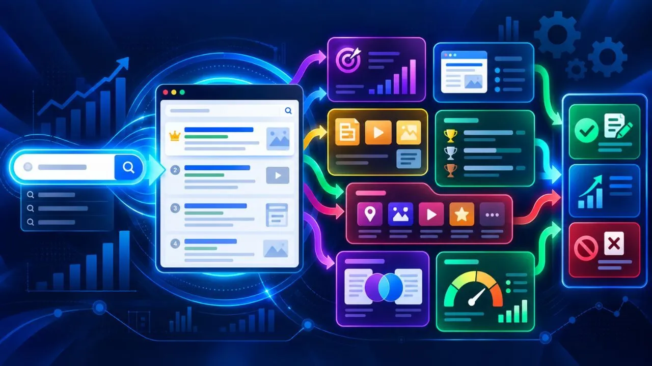 SERP analysis framework showing search intent, ranking pages, competitors, SERP features, content gaps and SEO opportunities