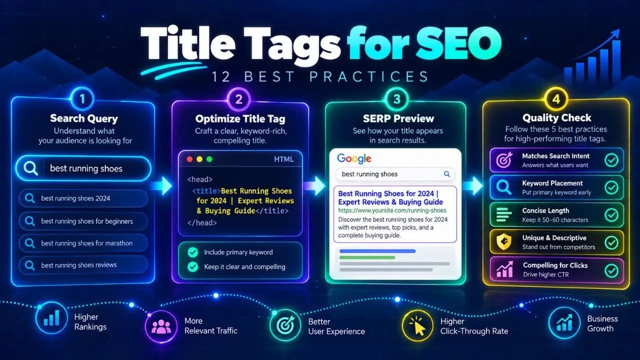 Title tags SEO framework showing keyword placement, search intent, title length, uniqueness, CTR and search result optimization