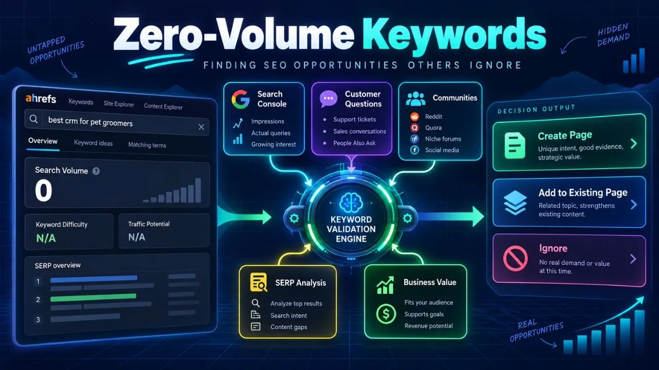 Zero-volume keywords SEO framework showing zero search volume data validated with Search Console, customers, SERPs and business value